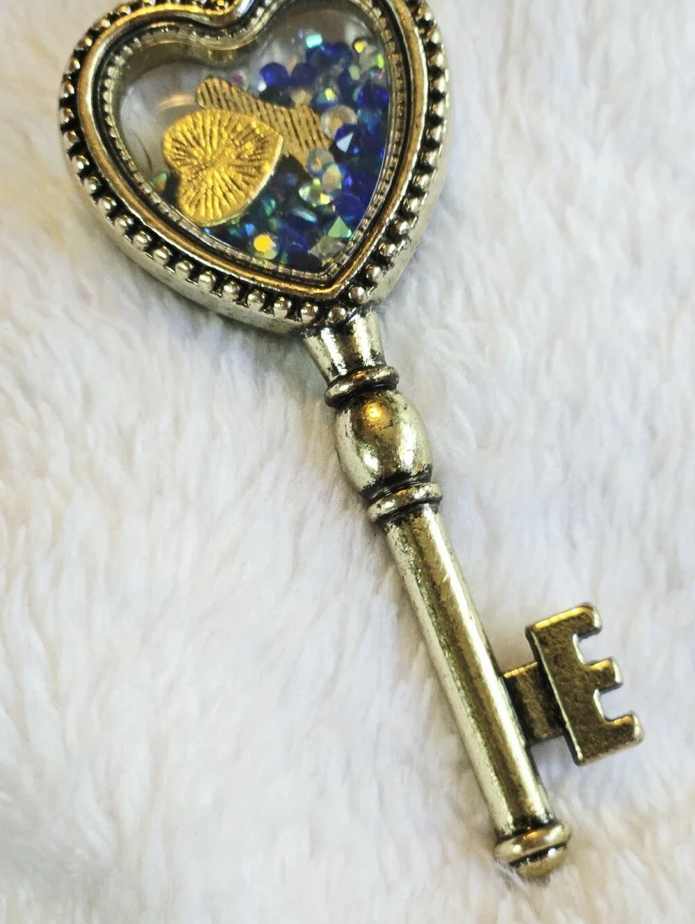 Gold Shaker Heart Key Charm Keychain with Blue Accent